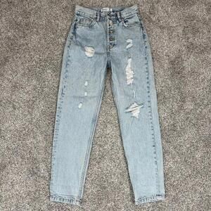 Pull&Bear Women's Distressed Ripped Jeans Size 0 High Waist Straight Leg Tapered